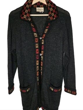 Intawara Alpaca Dark Gray Cardigan with Multicolor Trim